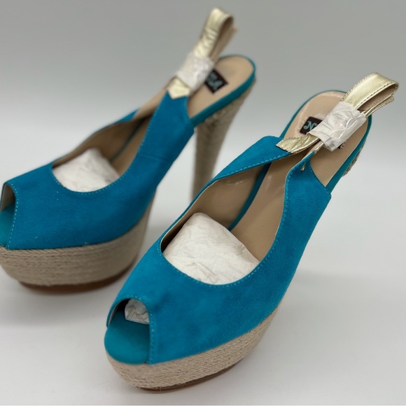 NYLA Perlia Blue Leather Peep-toe Wedges - size 9 - Picture 2 of 7